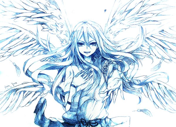 Anime picture 1200x870 with inazuma eleven afuro terumi hayashikane aoki long hair looking at viewer open mouth simple background white background monochrome boy wings