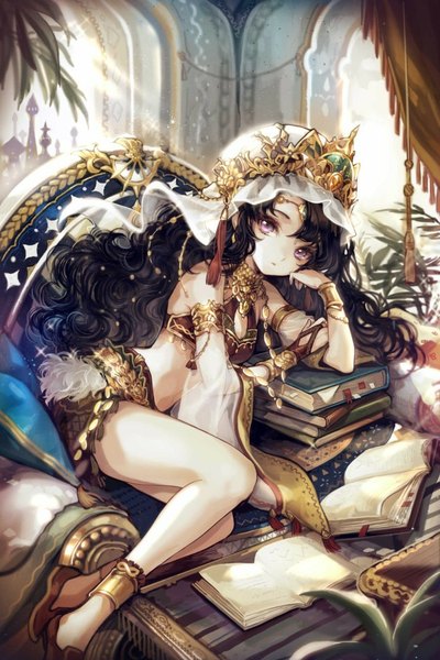 Anime picture 740x1110 with devil maker scheherazade (devil maker) single long hair tall image looking at viewer black hair purple eyes bare shoulders lying traditional clothes arm support bare belly wavy hair leg lift (legs lift) chin rest girl skirt plant (plants) detached sleeves