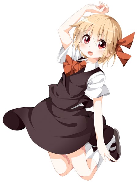 Anime picture 752x1000 with touhou rumia ruu (tksymkw) single tall image looking at viewer blush short hair open mouth blonde hair simple background red eyes white background bent knee (knees) jumping girl skirt ribbon (ribbons) hair ribbon socks