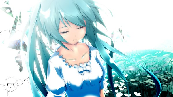 Anime picture 1920x1080 with vocaloid hatsune miku naka (cheeseyeast) long hair highres wide image twintails green hair field girl flower (flowers)