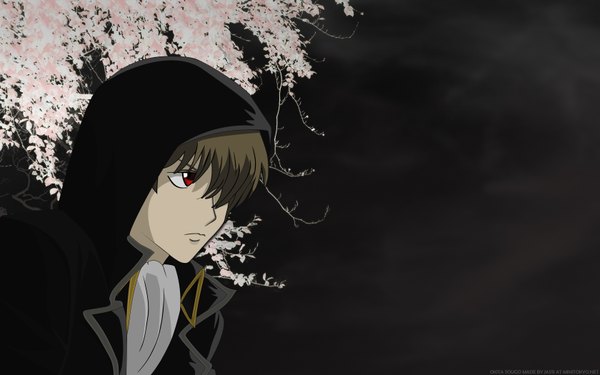 Anime picture 1680x1050 with gintama sunrise (studio) okita sougo single fringe short hair red eyes brown hair wide image signed hair over one eye cherry blossoms vector boy uniform hood neckerchief