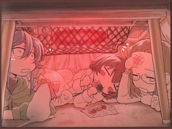 Anime picture 1024x768 with kamichu zexcs hitotsubashi yurie saegusa matsuri shijou mitsue eating :3 under the table kotatsu