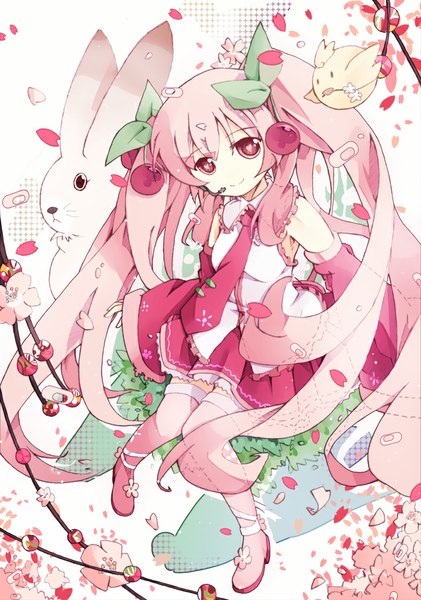 Anime picture 701x1000 with vocaloid hatsune miku sakura miku bondson (artist) single long hair tall image twintails bare shoulders pink hair very long hair pleated skirt pink eyes cherry blossoms girl skirt detached sleeves animal necktie food