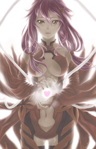 Anime picture 792x1224 with guilty crown production i.g yuzuriha inori ttururu single long hair tall image looking at viewer breasts light erotic simple background white background pink hair pink eyes bare belly center opening aura girl navel hair ornament