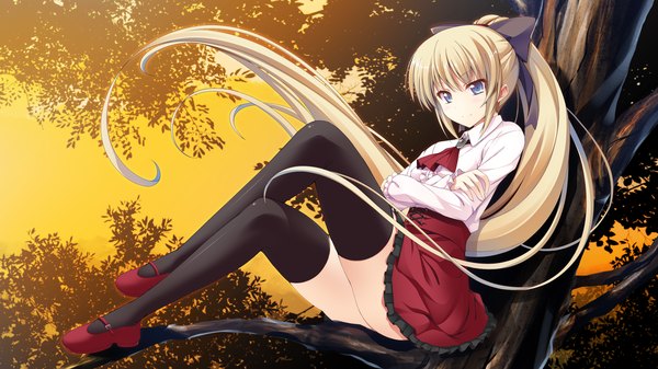 Anime picture 2560x1440 with atled everlasting song single long hair highres blue eyes blonde hair wide image sitting game cg full body ponytail very long hair crossed legs floating hair crossed arms frilly skirt girl thighhighs dress bow