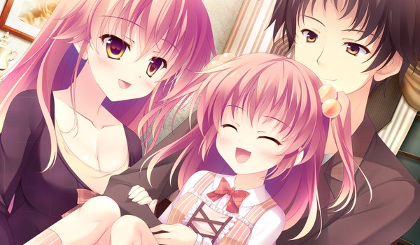 Anime picture 1024x600 with koisuru doll to omoi no kiseki himekawa mitomo long hair blush short hair open mouth black hair wide image yellow eyes pink hair game cg eyes closed girl dress boy child (children)