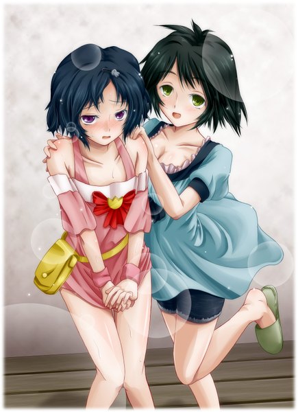 Anime picture 1176x1622 with steins;gate white fox shiina mayuri urushibara ruka tsukineko tall image blush short hair open mouth black hair purple eyes green eyes otoko no ko crossdress girl dress boy fanny pack