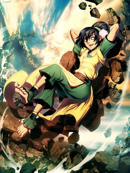 Anime picture 750x1000 with avatar: the last airbender nickelodeon toph beifong genzoman single tall image short hair open mouth black hair smile sky cloud (clouds) magic arms behind head white eyes no pupils girl toes