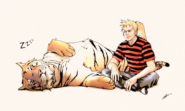 Anime picture 1814x1096 with calvin and hobbes calvin hobbes nami86 (artist) highres short hair blue eyes simple background blonde hair wide image sitting looking away lying crossed legs striped sleeping boy jeans tiger