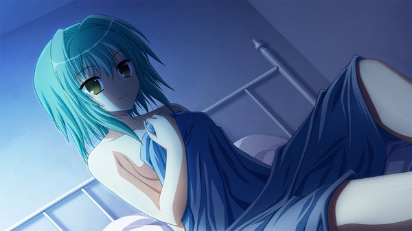 Anime picture 1280x720 with fortissimo//akkord:bsusvier (game) ooba kagerou short hair wide image yellow eyes game cg green hair girl bed