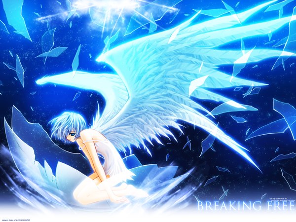 Anime picture 1600x1200 with the sanctuary knocker elurai carnelian single highres short hair blue eyes bare shoulders blue hair barefoot wallpaper soft beauty girl wings