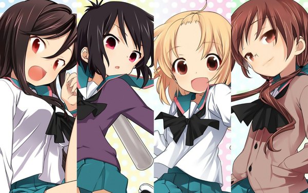 Anime picture 1920x1200 with a channel ichii tooru nishi yuuko momoki run tennouji nagisa long hair blush highres short hair open mouth black hair blonde hair smile red eyes brown hair wide image multiple girls braid (braids) twin braids multiview