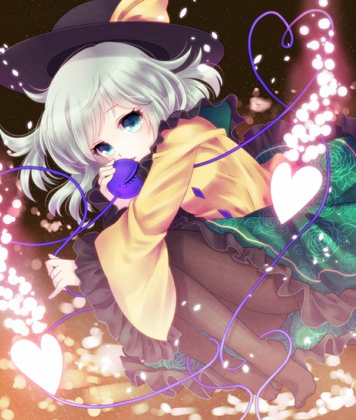 Anime picture 860x1014 with touhou komeiji koishi nunucco single tall image looking at viewer short hair blue eyes silver hair no shoes symbol-shaped pupils heart of string embryo's pose girl hat pantyhose frills heart eyeball