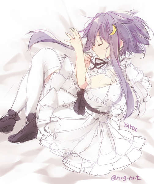Anime picture 838x1000 with kantai collection yayoi destroyer komachi naruta single long hair tall image short hair simple background white background signed purple hair eyes closed profile sleeping asymmetrical hair sketch girl thighhighs dress hair ornament