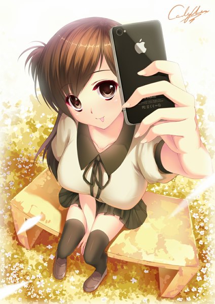 Anime picture 800x1131 with original apple inc. caidychen single long hair tall image smile brown hair sitting brown eyes from above :p girl thighhighs uniform flower (flowers) black thighhighs school uniform petals serafuku