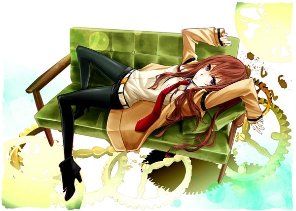 Anime picture 1150x821 with steins;gate white fox makise kurisu long hair brown hair purple eyes girl pantyhose necktie shorts couch gears