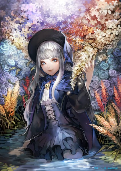 Anime picture 600x849 with original dapang single long hair tall image looking at viewer fringe blue eyes smile standing silver hair long sleeves wide sleeves lacing girl dress flower (flowers) plant (plants) hat water
