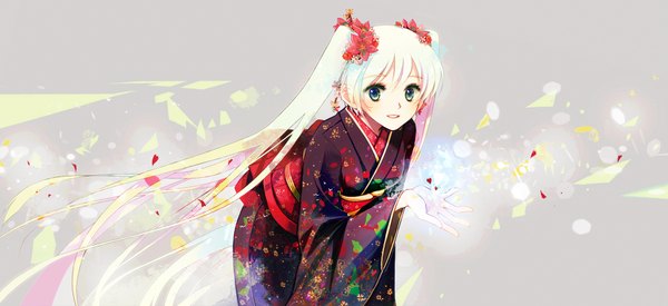 Anime picture 1850x850 with vocaloid hatsune miku chris (pixiv) long hair highres wide image twintails green eyes white hair japanese clothes hair flower alternate color girl hair ornament flower (flowers) petals kimono