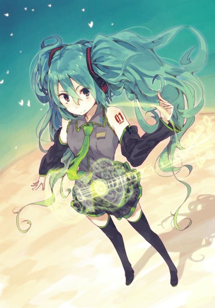 Anime picture 748x1072 with vocaloid hatsune miku hrd single long hair tall image looking at viewer twintails bare shoulders aqua eyes from above aqua hair shadow girl detached sleeves thigh boots guitar