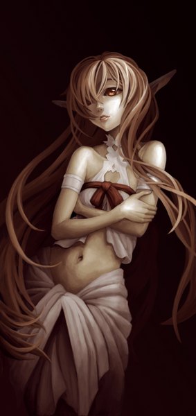 Anime picture 1250x2650 with sword art online a-1 pictures yuuki asuna titania (alo) yinanhuanle long hair tall image fringe brown hair brown eyes pointy ears hair over one eye midriff girl navel