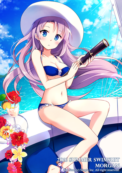 Anime picture 700x992 with original nyanya single long hair tall image looking at viewer blush blue eyes light erotic sitting holding sky purple hair cloud (clouds) wind horizon 2016 :c girl navel