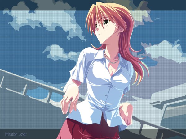 Anime picture 1024x768 with imitation lover ichinose kyou izumi mahiru long hair breasts blonde hair green eyes sky cleavage cloud (clouds) wallpaper casual skirt uniform school uniform jewelry necklace