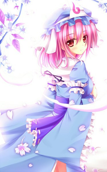 Anime picture 600x965 with touhou saigyouji yuyuko angel koman single long hair tall image blush smile red eyes pink hair traditional clothes looking back cherry blossoms girl plant (plants) petals tree (trees) frills bonnet triangular headpiece