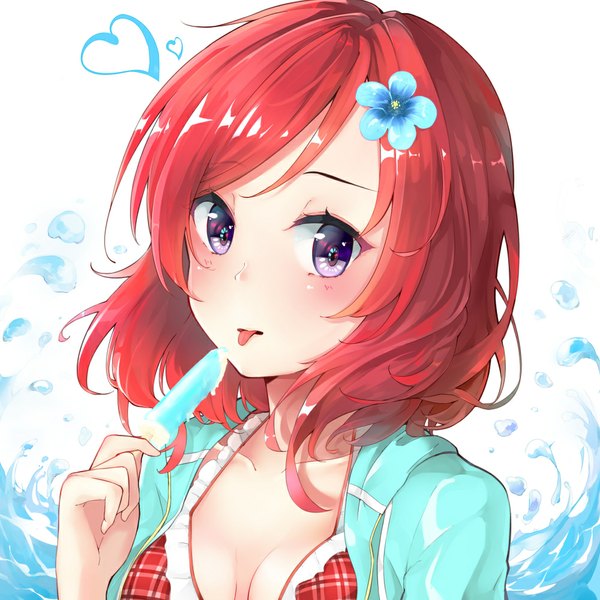 Anime picture 1000x1000 with love live! school idol project sunrise (studio) love live! nishikino maki somalisu single looking at viewer blush short hair breasts open mouth purple eyes ahoge red hair hair flower open clothes open jacket girl hair ornament flower (flowers)