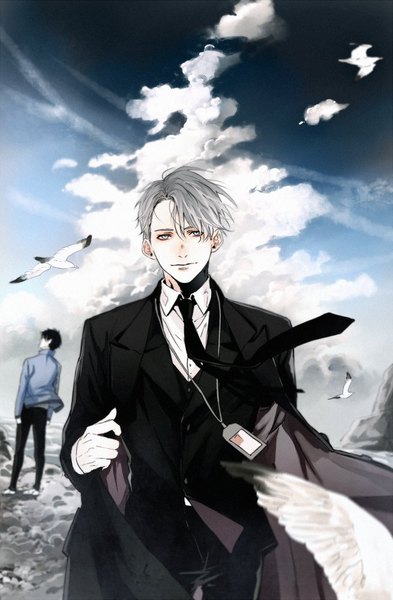 Anime picture 655x1000 with yuri!!! on ice mappa viktor nikiforov katsuki yuuri saito yukihiro tall image looking at viewer fringe short hair black hair standing sky cloud (clouds) outdoors light smile wind grey hair multiple boys grey eyes pale skin