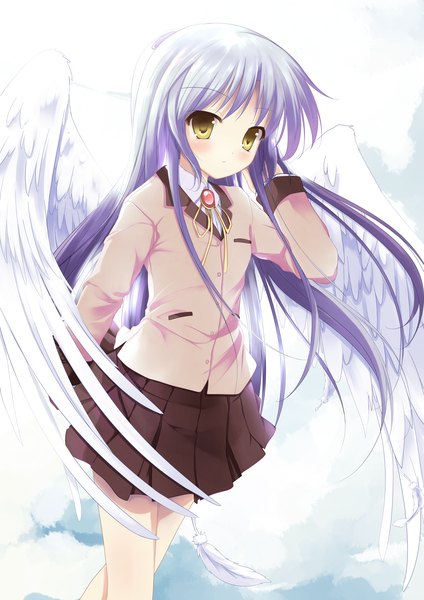 Anime picture 1240x1754 with angel beats! key (studio) tachibana kanade long hair tall image yellow eyes sky purple hair cloud (clouds) girl uniform school uniform wings feather (feathers)