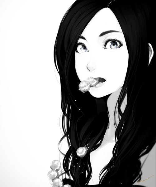 Anime picture 800x958 with original poaro single long hair tall image fringe holding signed mouth hold monochrome portrait looking up eating girl dress food