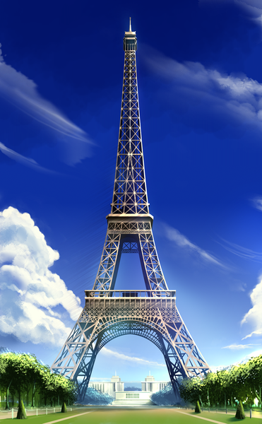 Anime picture 700x1130 with original soraizumi tall image sky cloud (clouds) no people landscape plant (plants) tree (trees) eiffel tower
