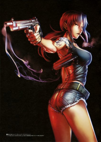 Anime picture 2514x3555 with black lagoon madhouse revy (black lagoon) hiroe rei single long hair tall image highres open mouth light erotic standing bare shoulders red hair scan orange eyes tattoo lipstick reflection smoke smoking