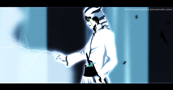 Anime picture 2560x1331 with bleach studio pierrot ulquiorra schiffer shotsider42 single highres short hair black hair wide image green eyes japanese clothes profile coloring magic light hand in pocket lightning electricity espada boy