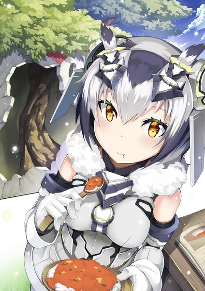Anime picture 2893x4092 with kemono friends northern white-faced owl (kemono friends) jie laite single tall image looking at viewer blush fringe highres short hair breasts black hair hair between eyes standing holding yellow eyes sky silver hair multicolored hair two-tone hair
