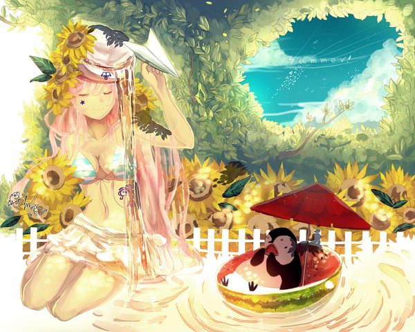 Anime picture 1280x1024 with original hzrn (ymj924) single long hair light erotic smile sitting bare shoulders sky cloud (clouds) eyes closed hair flower bare belly girl hair ornament flower (flowers) animal water bird (birds) umbrella