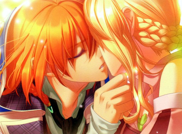 Anime picture 2315x1708 with beast master and prince (game) idea factory tiana (beast master and prince) lucia (beast master and prince) long hair highres short hair blonde hair bare shoulders braid (braids) eyes closed sunlight orange hair couple hug open collar almost kiss girl boy detached sleeves