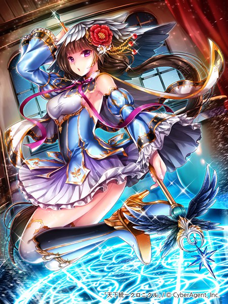 Anime picture 600x800 with tenka touitsu chronicle kempin single tall image looking at viewer fringe light erotic brown hair purple eyes full body very long hair official art sparkle armpit (armpits) high heels magic low ponytail jumping girl hair ornament