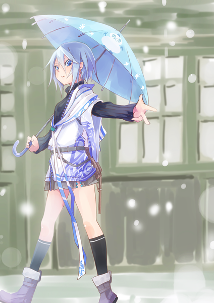 Anime picture 827x1169 with original fu-ta single tall image looking at viewer short hair blue eyes holding blue hair pleated skirt outstretched arm snowing girl skirt socks boots window black socks umbrella snowman