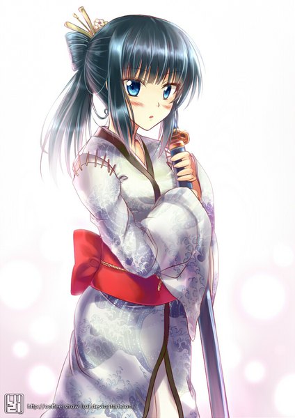 Anime picture 700x990 with original luzi (coffee-straw-luzi) single long hair tall image blush open mouth blue eyes black hair simple background white background ponytail traditional clothes :o girl hair ornament weapon sword belt katana