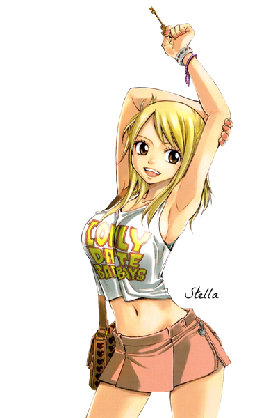Anime picture 723x1104 with fairy tail lucy heartfilia stella1994x single long hair tall image breasts open mouth blonde hair smile large breasts brown eyes armpit (armpits) transparent background girl skirt miniskirt shirt white shirt bag