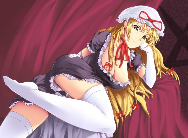 Anime picture 1080x793 with touhou yakumo yukari izuriha (artist) long hair breasts light erotic blonde hair large breasts yellow eyes girl thighhighs dress gloves bow hat white thighhighs elbow gloves
