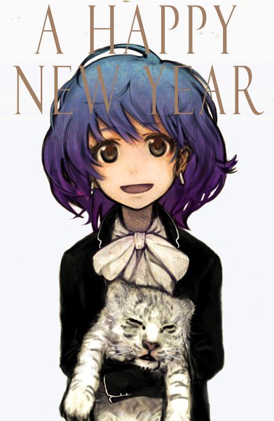 Anime picture 1063x1630 with original madokansuzuki (artist) single tall image looking at viewer short hair open mouth simple background white background blue hair black eyes inscription new year happy new year girl earrings animal tiger