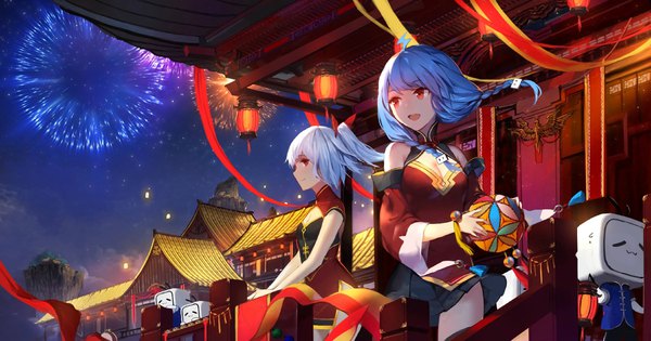 Anime picture 4096x2154 with bilibili douga bili girl 33 bili girl 22 xiao dianshi swd3e2 long hair highres open mouth smile red eyes wide image sitting multiple girls blue hair looking away absurdres sky silver hair braid (braids) traditional clothes