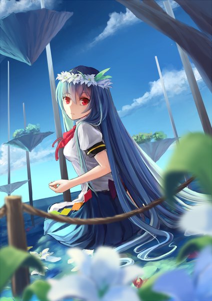 Anime picture 1100x1555 with touhou hinanawi tenshi shuang ye single long hair tall image looking at viewer fringe breasts simple background red eyes sitting blue hair sky cloud (clouds) looking back floating island girl flower (flowers) plant (plants)