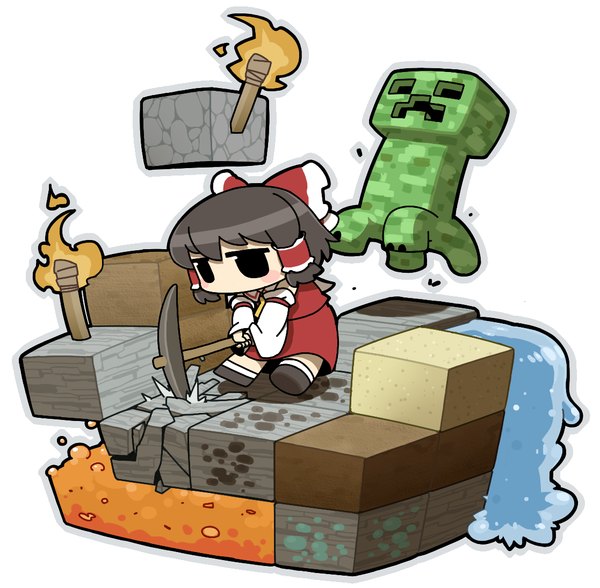 Anime picture 1117x1095 with touhou minecraft hakurei reimu creeper ume (noraneko) short hair chibi sand dirty solid eyes lava girl bow hair bow water monster stone (stones) torch diamond (shape) pickaxe