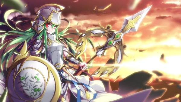 Anime picture 1920x1080 with puzzle & dragons athena (p&d) hong (white spider) single long hair looking at viewer fringe highres smile red eyes wide image fingernails green hair evening sunset girl weapon armor helmet spear