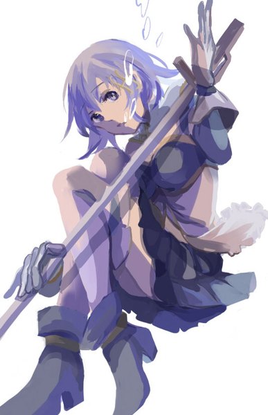 Anime picture 534x826 with mahou shoujo madoka magica shaft (studio) miki sayaka wttwj single tall image looking at viewer fringe short hair simple background white background purple eyes purple hair full body bent knee (knees) pleated skirt magical girl embryo's pose girl thighhighs