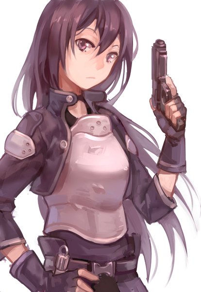 Anime picture 2421x3507 with sword art online a-1 pictures kirigaya kazuto zicai tang single long hair tall image looking at viewer highres black hair simple background white background black eyes hand on hip boy gloves weapon armor fingerless gloves gun