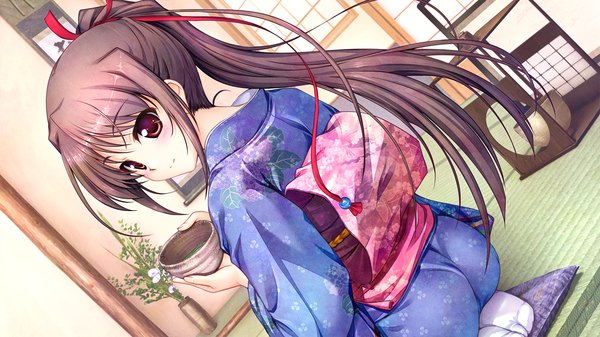 Anime picture 1280x720 with daitoshokan no hitsujikai sakuraba tamamo bekkankou single long hair red eyes brown hair wide image game cg ponytail traditional clothes japanese clothes looking back girl ribbon (ribbons) hair ribbon kimono obi